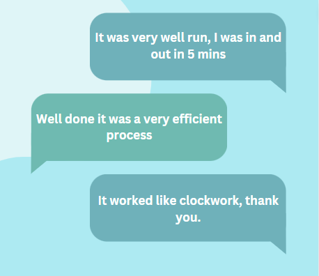 Speech bubbles with reactions from patients. "It was very well run, I was in and out in 5 mins". "Well done it was a very efficient process". "It worked like clockwork, thank you."