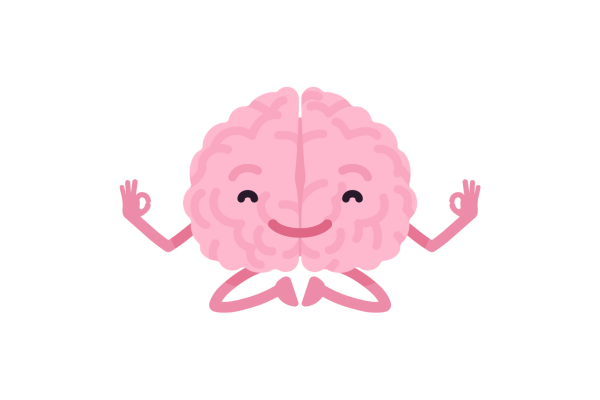 illustration of a pink brain with a smiling face, arms and legs in a seated yoga pose.