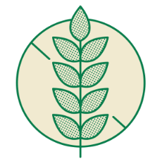 green circle with a beige background and a stick of wheat in the middle. A line is drawn through the circle to indicate gluten free