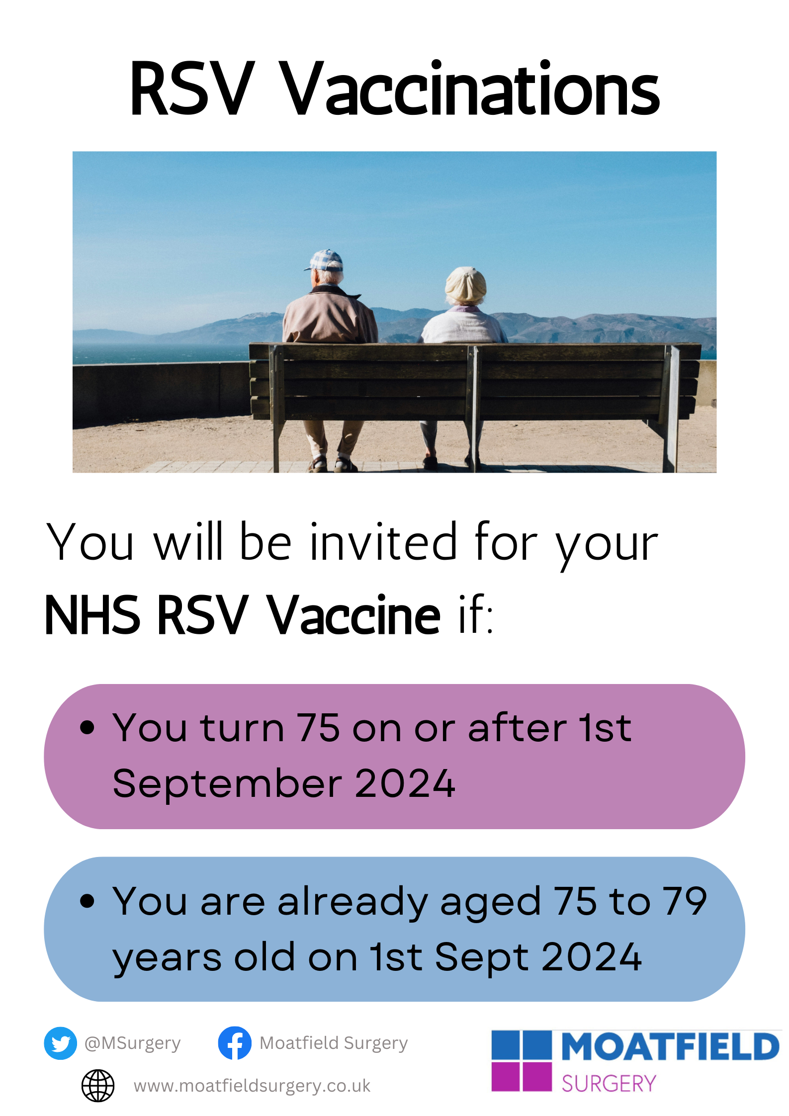 image depicts an older couple sat on a bench overlooking the ocean and cliffs. Text states "you will be invited for your NHS RSV Vaccination is: You turn 75 on or after 1st Sept 2024, or you are already aged 75 to 79 years old on 1st Sept 2024." This information is repeated on the website page.