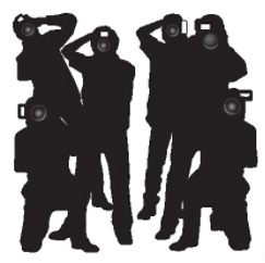 silhouette of 6 people all holding cameras and taking pictures of the viewer