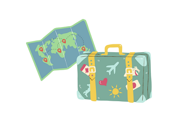 illustrated travel suitcase and a map.